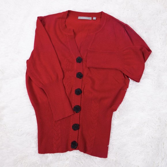 NY Collection Red Sweater with black rose buttons - Picture 9 of 10